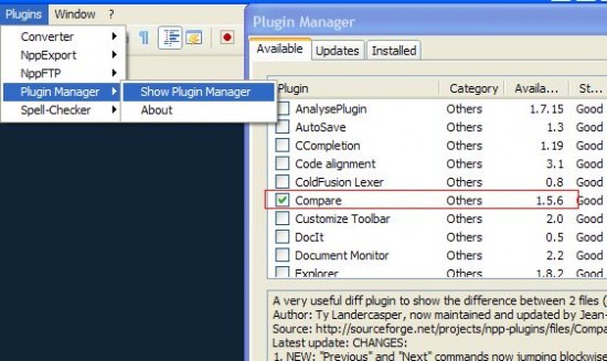 notepad++ plugin manager compare plugin
