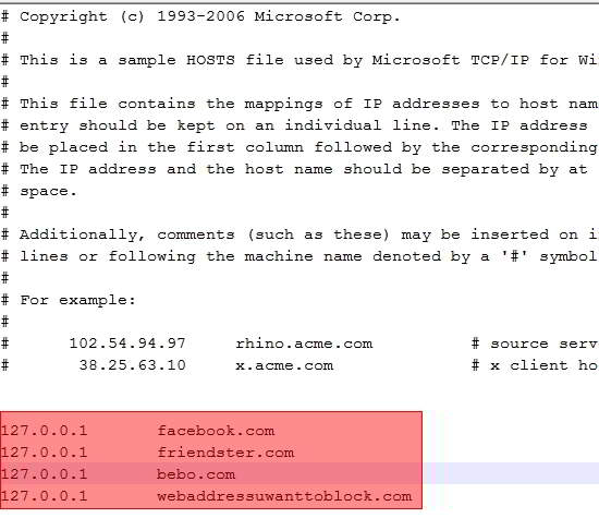 windows hosts file block website