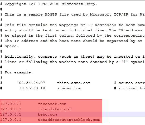 windows hosts file block website