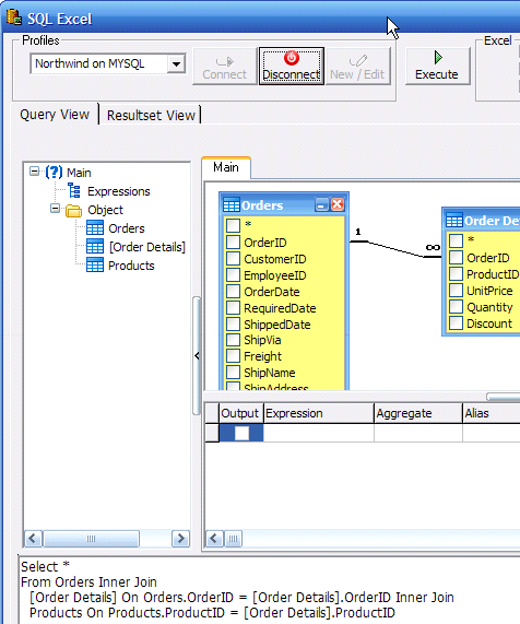 sql excel addin database tables query