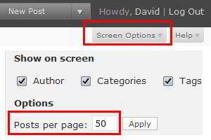 wordpress posts per page screen options