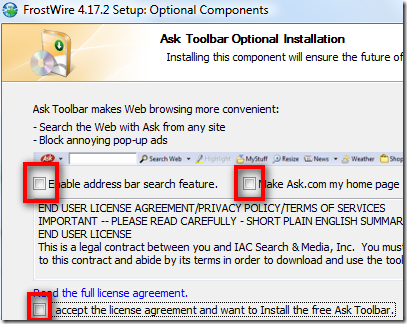 frostwire installer ask toolbar opt out