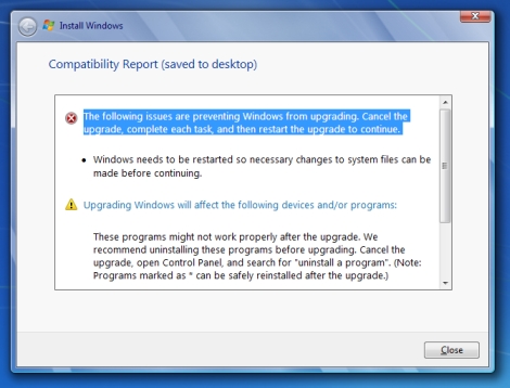 windows 7 install compatibility report
