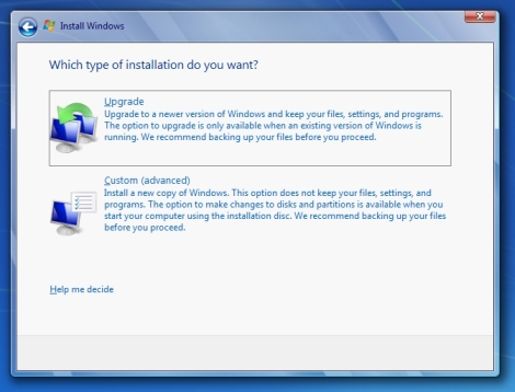 windows 7 installation options upgrade custom
