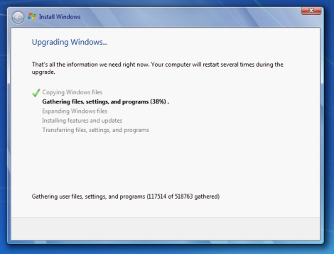 windows 7 upgrading windows gathering settings