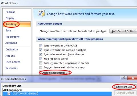 microsoft words options custom dictionary add delete edit
