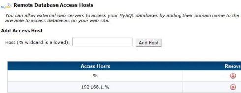 cpanel mysql remote server access host settings