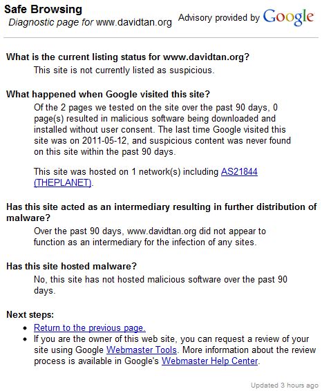 google safe browsing diagnostic result