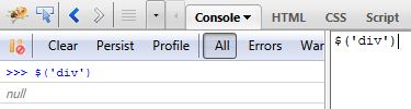 firebug console jquery null