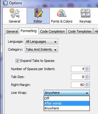 netbeans word wrap options