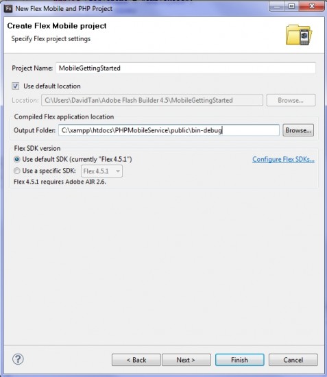 xampp flash builder php mobile app flex project setting